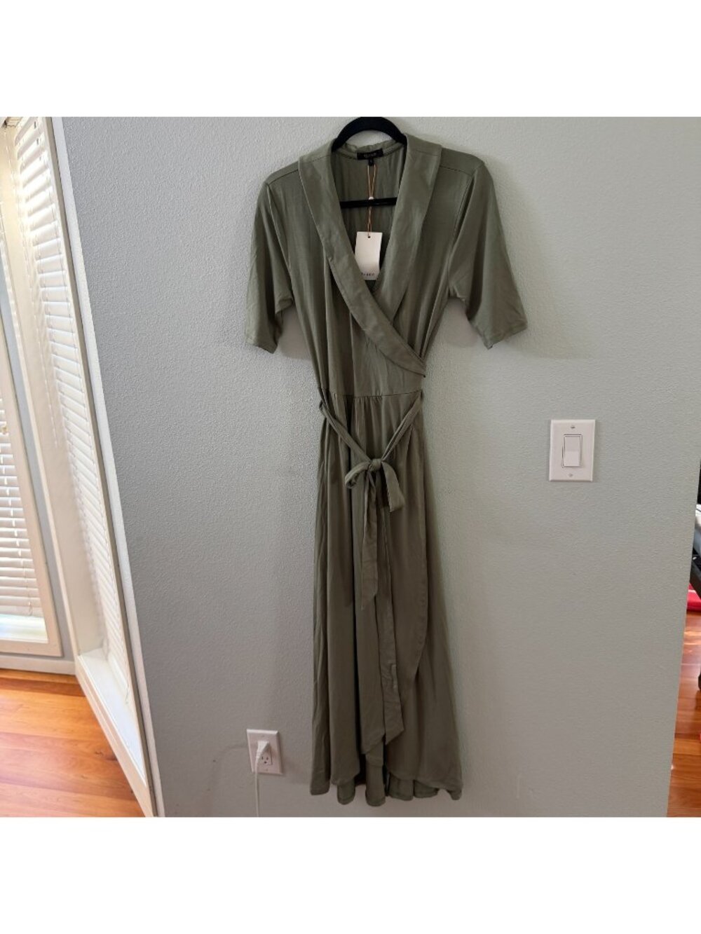 NWT Quince Sage Green Midi Wrap Dress Womens LARGE Stretch Tencel Jersey